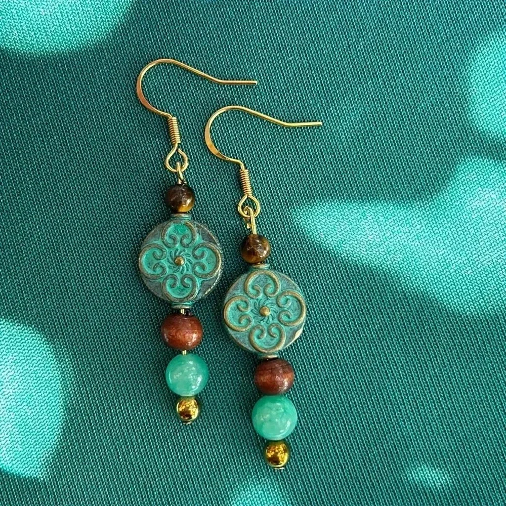 Handmade teal quartzite + tigers eye drop earrings